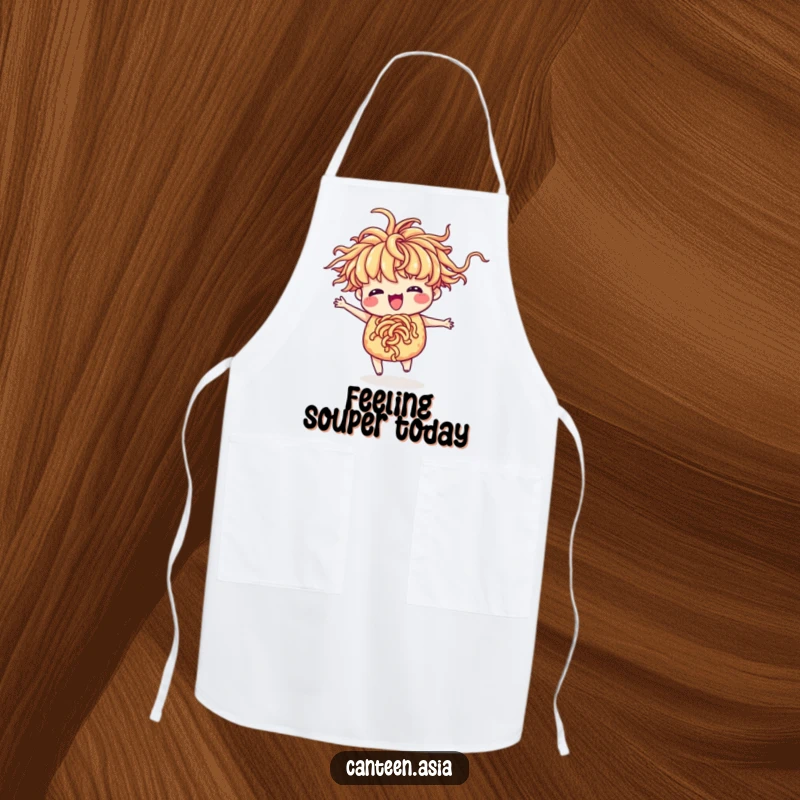 Funny ramen apron showing a delighted ramen with noodle hair doing a spirited silly dance.