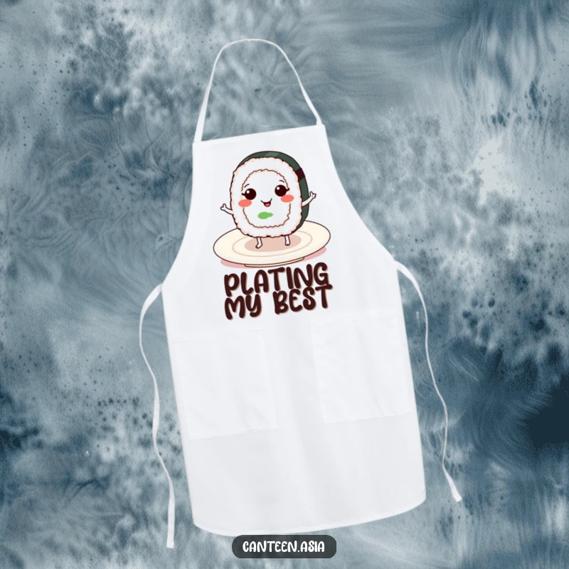 Funny smiling sushi roll with tiny legs dancing on a plate, a charming and humorous apron for cooking.