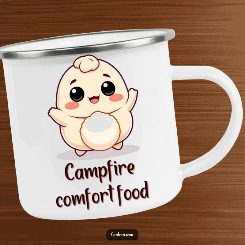 Funny cheerful dumpling with eyes and mouth bouncing a tiny rice ball, a sturdy and humorous camping mug.
