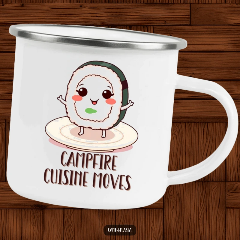 Funny smiling sushi roll with tiny legs dancing on a plate, a sturdy and humorous camping mug.
