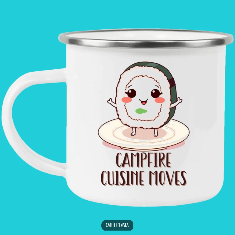 Funny Sushi Dance Camping Mug: Durable & Hilarious Outdoor Companion