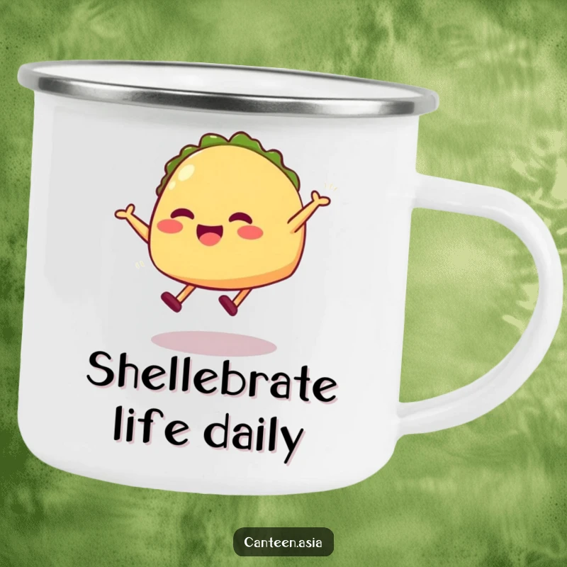 Funny taco camping mug showing a grinning taco with legs joyfully executing a playful jump.