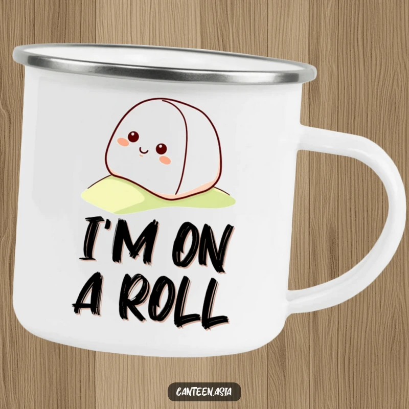 Funny onigiri camping mug featuring a smiling onigiri with a happy face rolling down a gentle slope.