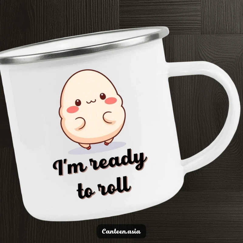 Funny Camping Mug: A happy dumpling with little legs hopping, perfect for sipping beverages during your energetic outdoor adventures.