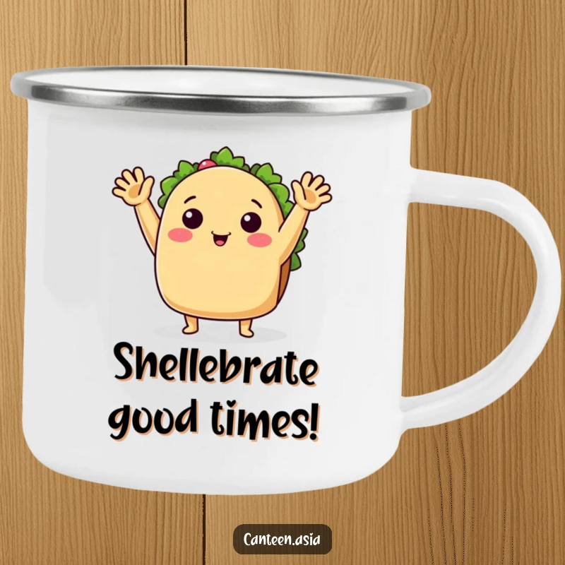 Funny Camping Mug: A cheerful taco with arms enthusiastically waving hello, perfect for enjoying drinks by the campfire.