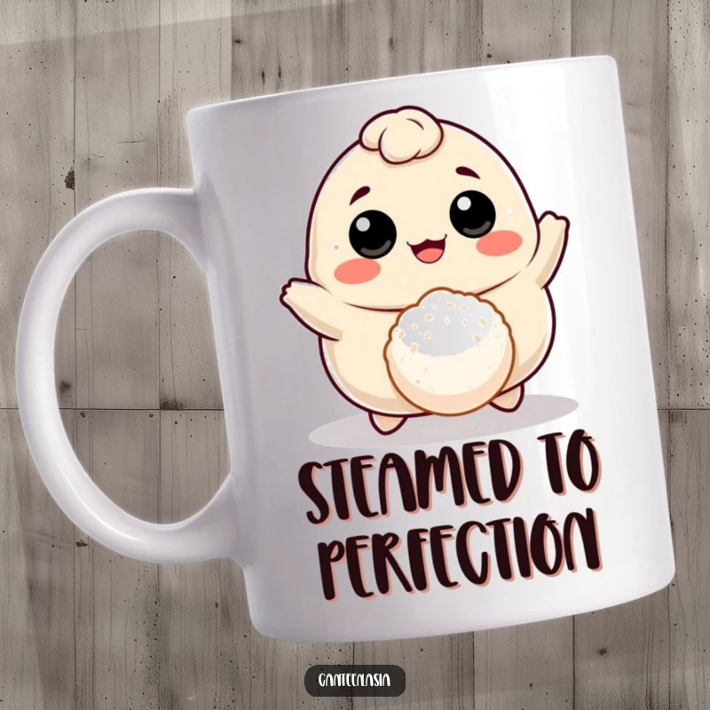Funny cheerful dumpling with eyes and mouth joyfully bouncing a tiny rice ball, on a delightful mug.