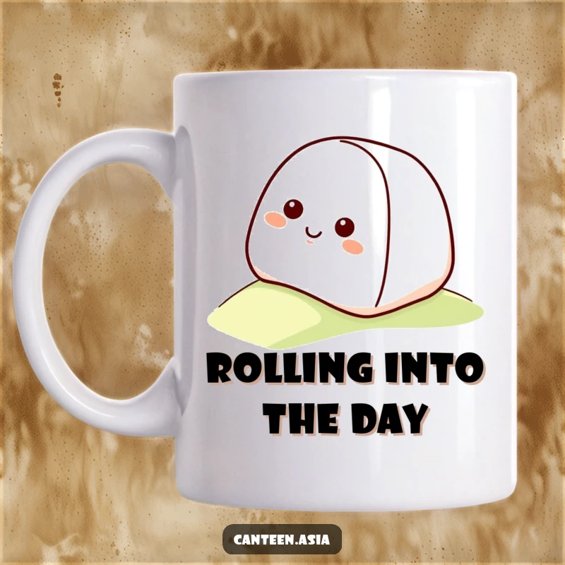 Funny onigiri mug featuring a smiling onigiri with a happy face cheerfully rolling down a gentle slope.
