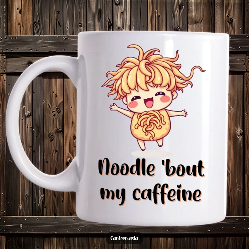 Funny ramen mug featuring a delighted bowl of ramen with noodle hair doing a silly dance.
