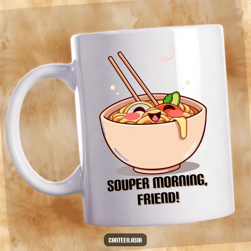 Funny Mug: A smiling ramen bowl with steamy wisps forming a playful grin, offering warm, humorous cheer.