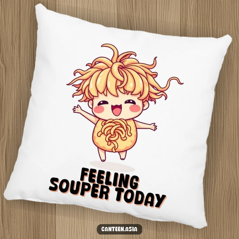 Funny ramen pillow with a delighted ramen with noodle hair performing a whimsical silly dance.