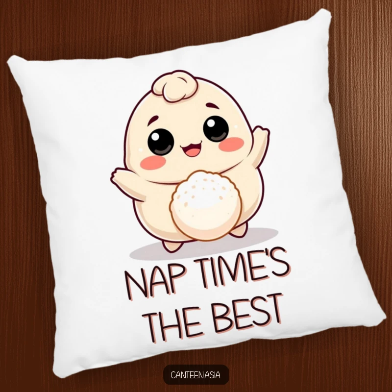 Funny dumpling with eyes and mouth joyfully bouncing a tiny rice ball, a soft and humorous decorative pillow.