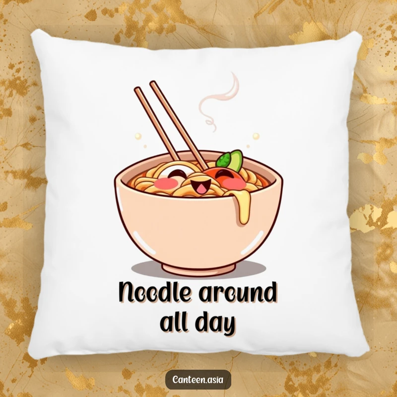 Funny Pillow: A plush ramen bowl with a wide, steamy grin, offering comfortable support with a side of laughter.