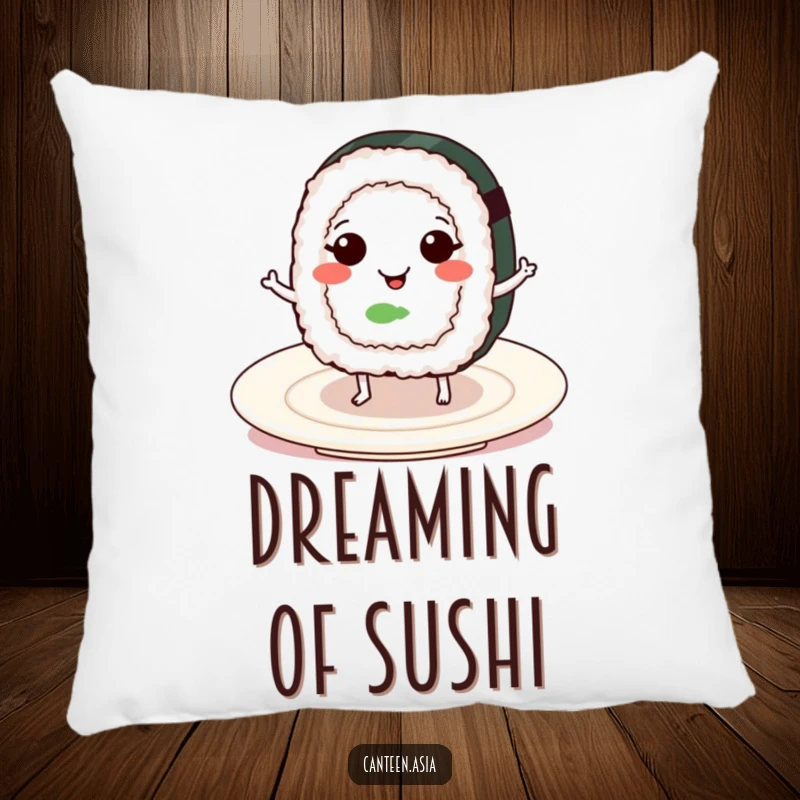 Funny smiling sushi roll with tiny legs dancing on a plate, a soft and humorous decorative pillow.