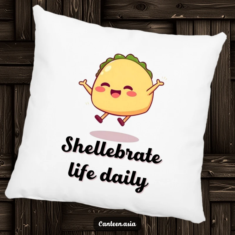 Funny taco pillow featuring a grinning taco with legs in a dynamic, playful jumping position.