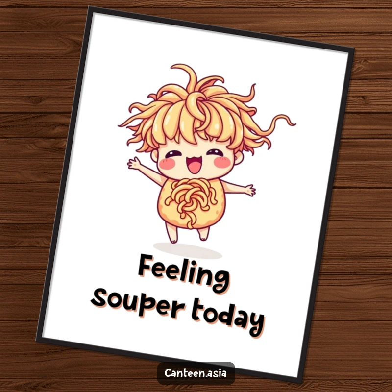 Funny ramen digital art print of a delighted ramen with noodle hair doing a lively silly dance.