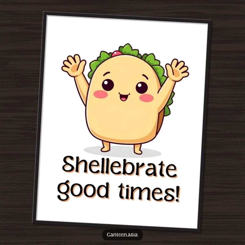 Funny Digital Art: A cheerful taco with arms in a welcoming wave, ready to bring vibrant, humorous energy to your walls.