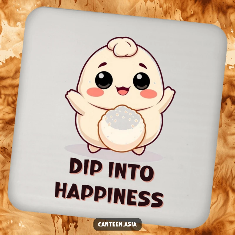 Funny cheerful dumpling with eyes and mouth bouncing a tiny rice ball on humorous drink coasters, protecting surfaces joyfully.