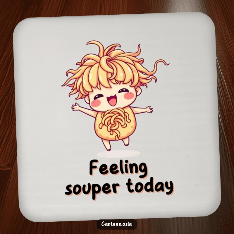 Funny ramen coasters with a delighted ramen with noodle hair performing a whimsical silly dance.