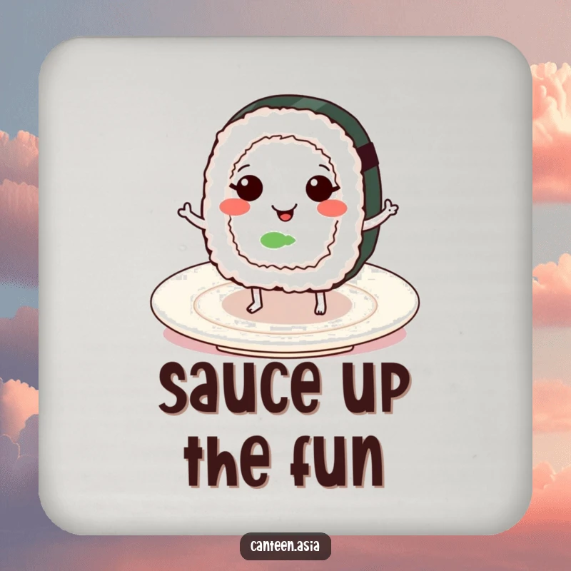 Funny smiling sushi roll with tiny legs dancing on a plate on humorous drink coasters, protecting surfaces joyfully.