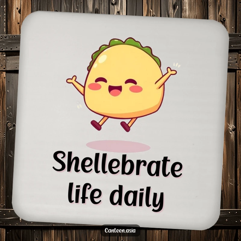 Funny taco coasters featuring a grinning taco with legs captured in a dynamic, playful jump.