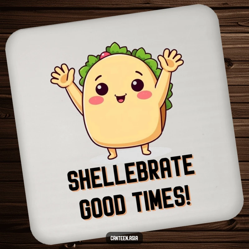 Funny Drink Coaster: A happy taco with welcoming arms waving hello, protecting your surfaces with a smile.