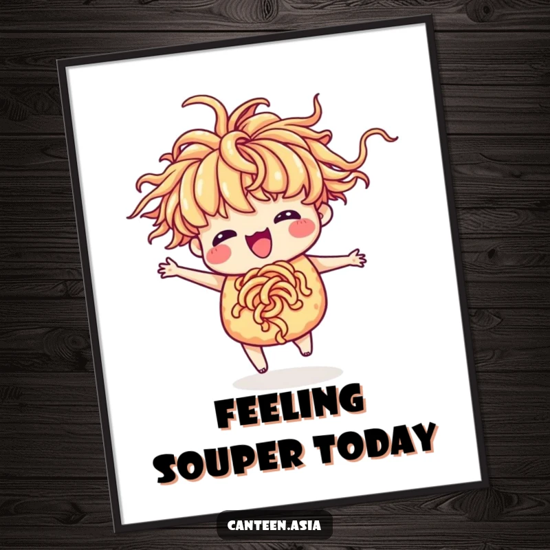 Funny ramen poster featuring a delighted ramen with noodle hair mid-silly-dance, full of zest.