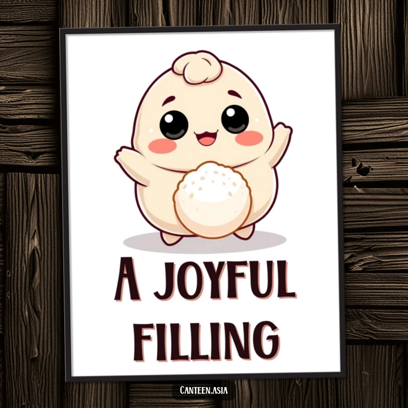 Funny cheerful dumpling with eyes and mouth joyfully bouncing a tiny rice ball, creating a humorous wall art piece.