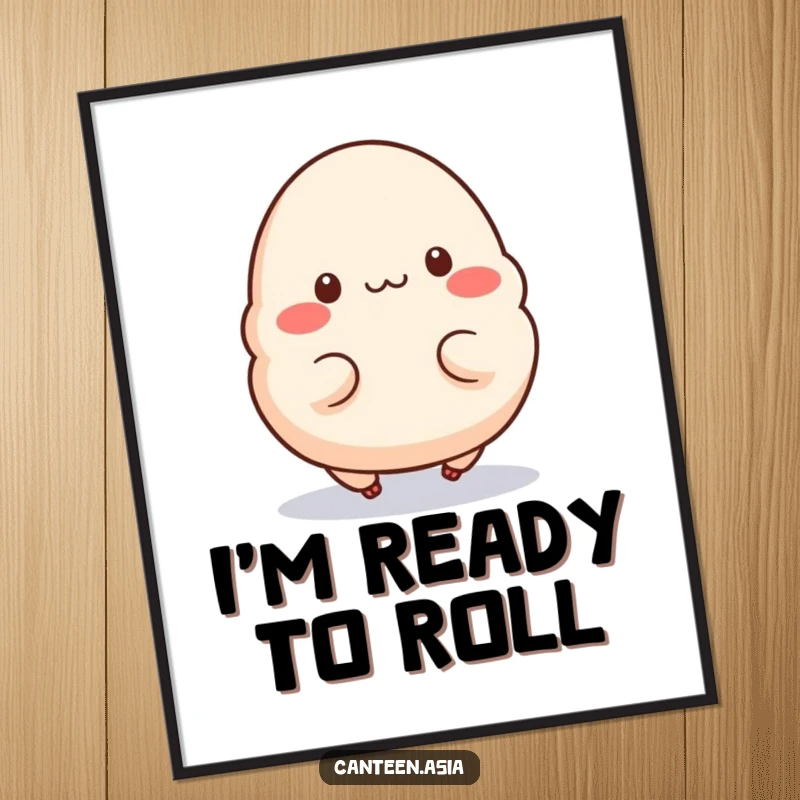 Funny Poster: A joyfully hopping dumpling with tiny legs, radiating pure, unadulterated happiness and fun.