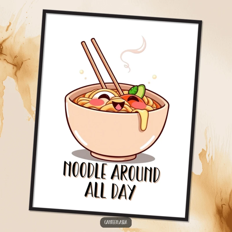 Funny Poster: A steaming bowl of ramen with a cheeky grin formed by the steam, bringing culinary amusement.