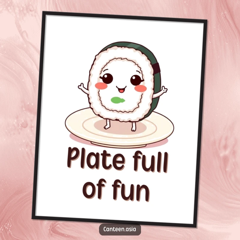 Funny smiling sushi roll with tiny legs doing a happy dance on a plate, creating a humorous wall art piece.