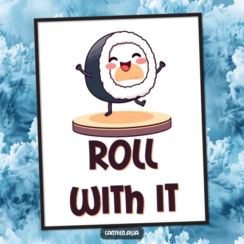 Funny poster showcasing a smiling sushi roll with tiny legs performing a lively dance on a stage.