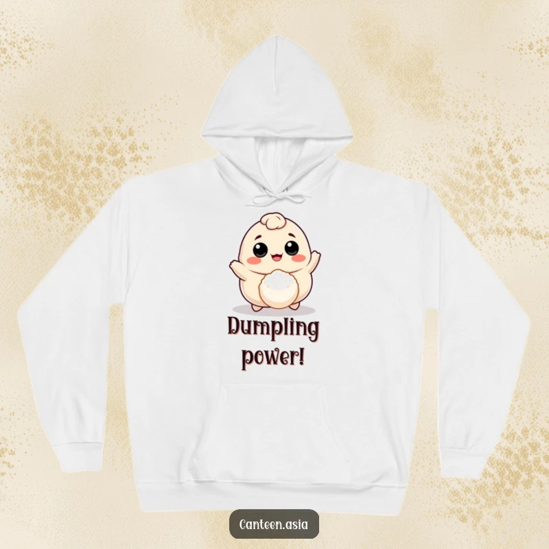 Funny dumpling with eyes and mouth joyfully bouncing a tiny rice ball, designed for a warm and humorous hoodie.