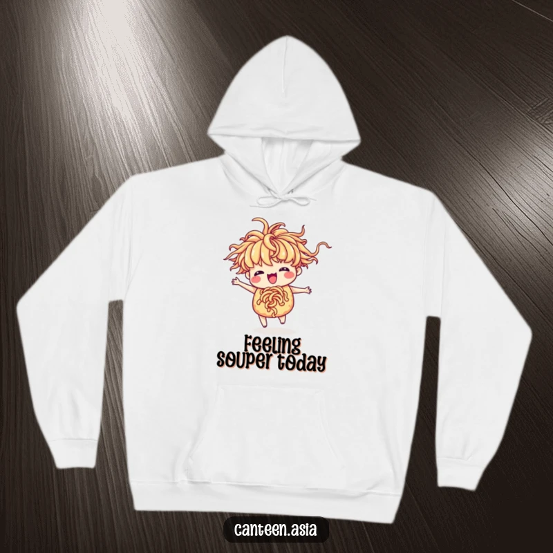 Funny ramen hoodie with a delighted ramen bowl with noodle hair performing a whimsical, silly dance.
