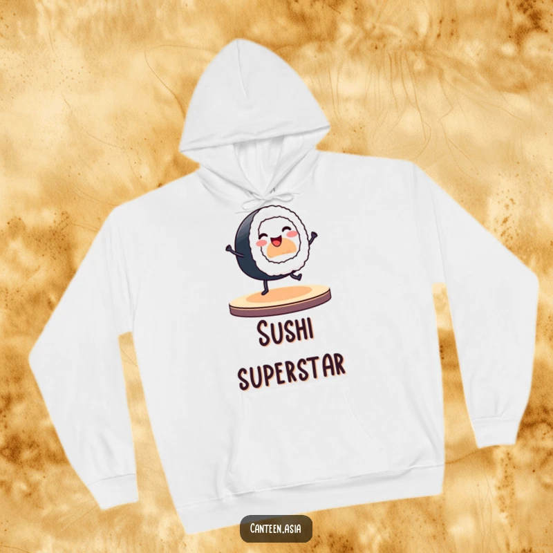 Funny hoodie depicting a smiling sushi roll with tiny legs enthusiastically dancing on a vibrant stage.