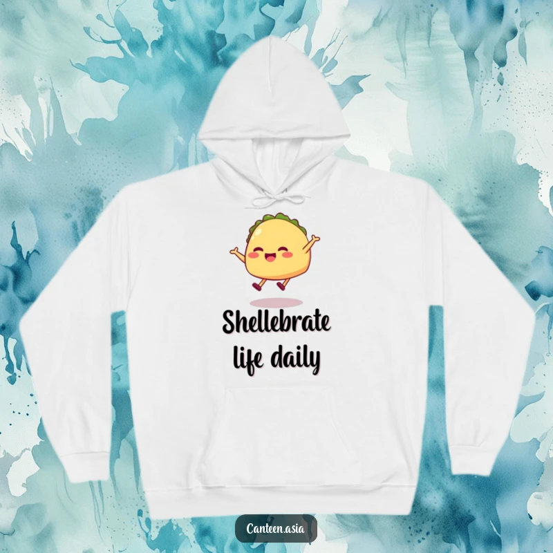 Funny taco hoodie with a grinning taco with legs captured in a dynamic, playful jumping pose.