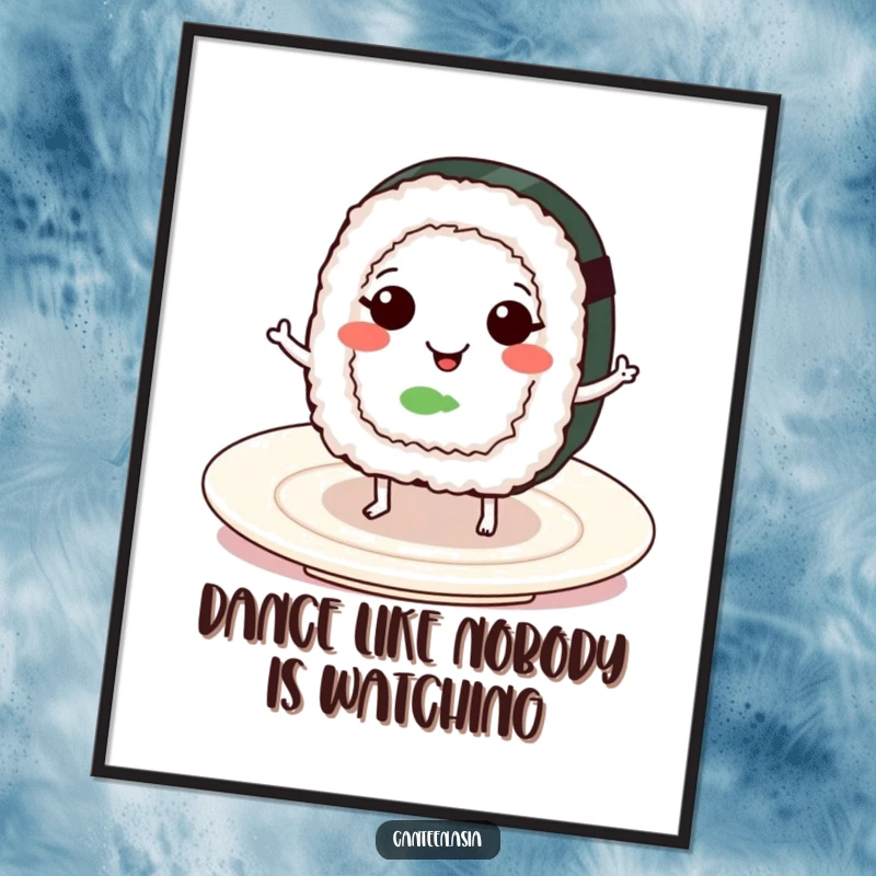 Funny free printable wall art: A smiling sushi roll with tiny legs performing a happy dance on a plate, looking energetic.