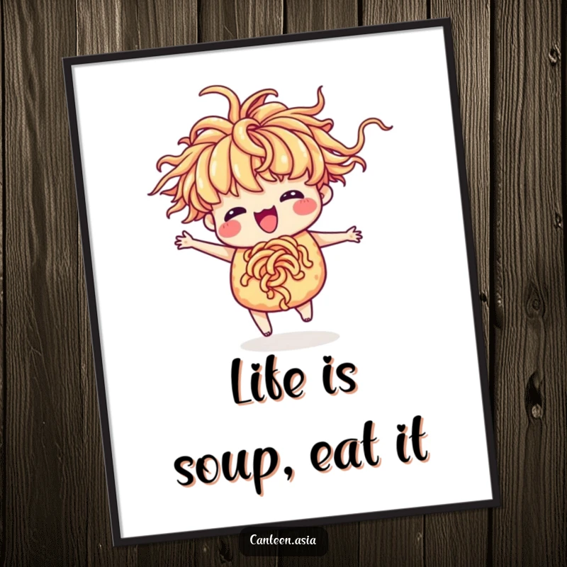 Funny free printable wall art: a delighted ramen bowl with flowing noodle hair in the middle of a joyous silly dance.