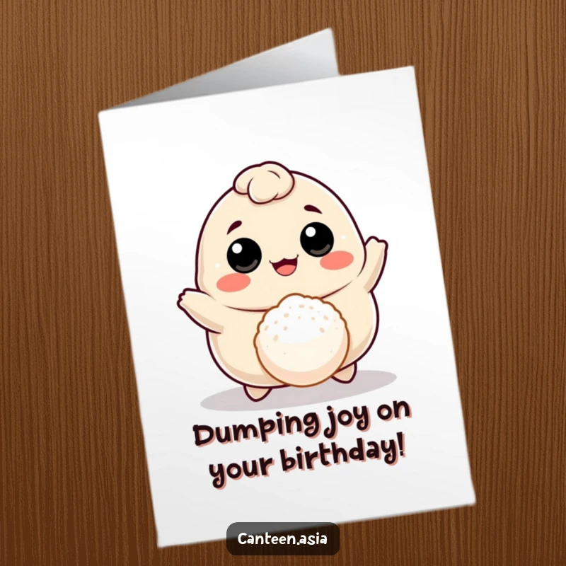 Funny free printable birthday card: Cheerful dumpling with eyes and mouth joyfully bouncing a tiny rice ball, celebrating happily.