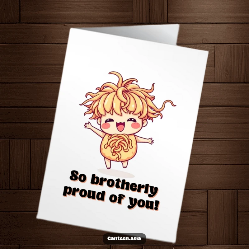 Funny free printable congratulations card: a delighted ramen bowl with noodle hair performing an energetic silly dance.