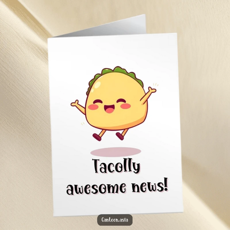 Funny free printable congratulations card: a cheerful taco with legs joyfully leaping to celebrate success.