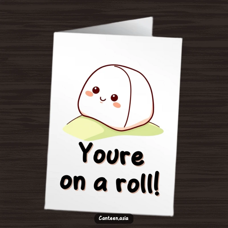 Funny free printable congratulations card: a happy onigiri with a smiling face rolling downhill, signifying success.