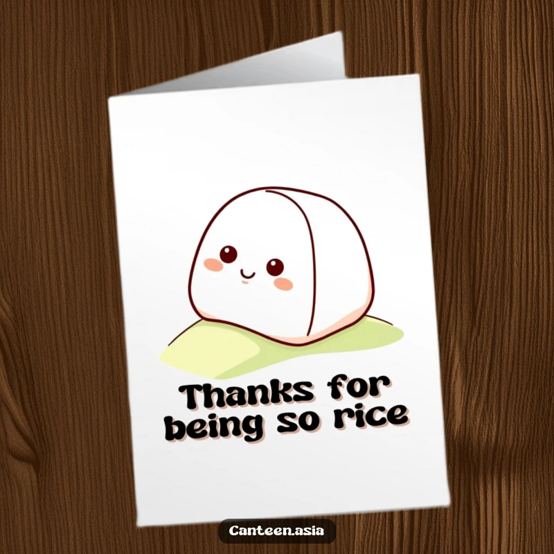Funny free printable thank you card: a smiling onigiri with a happy face gently rolling down a slope in thanks.