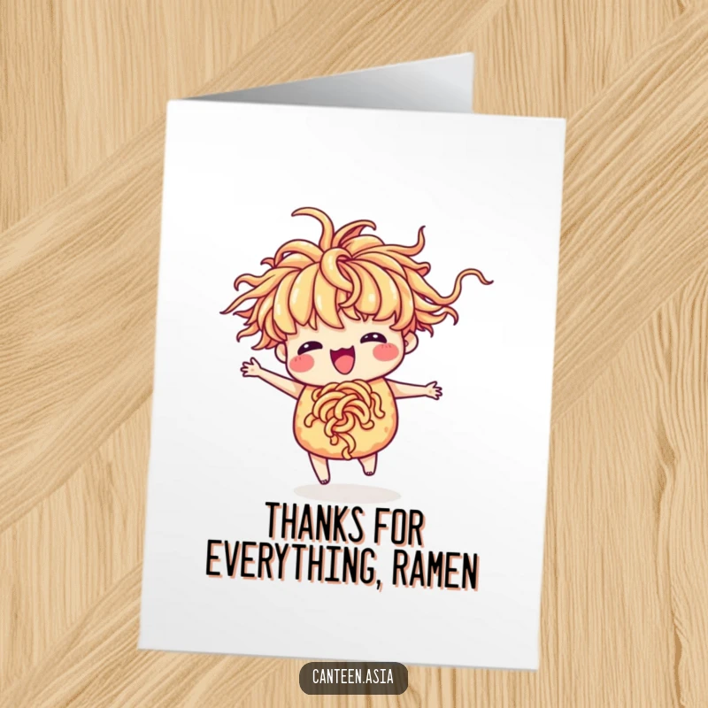 Funny free printable thank you card: a delighted ramen with noodle hair doing a happy, silly dance of thanks.