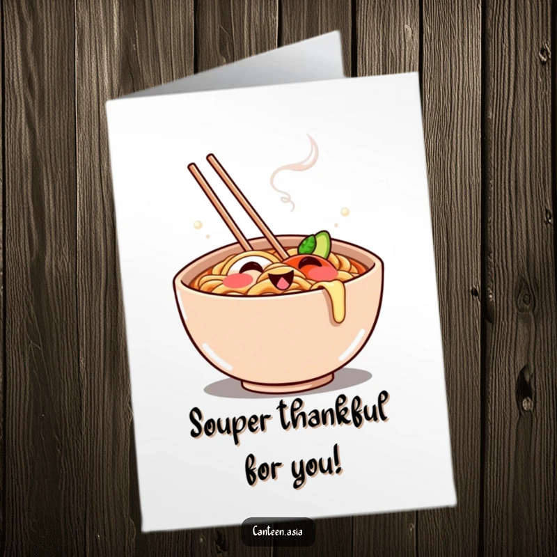 Funny Free Printable Thank You Card: A cheerful ramen bowl with steam forming a playful grin, saying thanks.