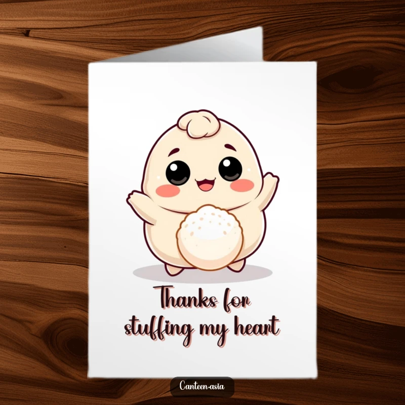 Funny free printable thank you card: A cheerful dumpling with eyes and mouth joyfully bouncing a tiny rice ball, conveying thanks.