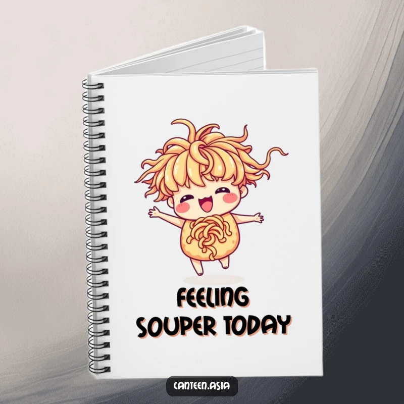 Funny ramen notebook with a delighted ramen with noodle hair performing a silly dance.