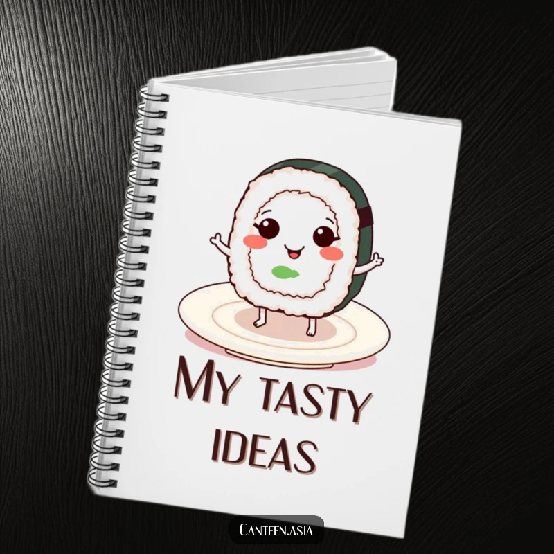 Funny smiling sushi roll with tiny legs dancing on a plate, a cute and humorous notebook for capturing thoughts.