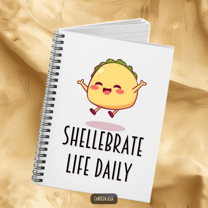 Funny taco notebook with a grinning taco with legs mid-playful-jump, inspiring creativity.