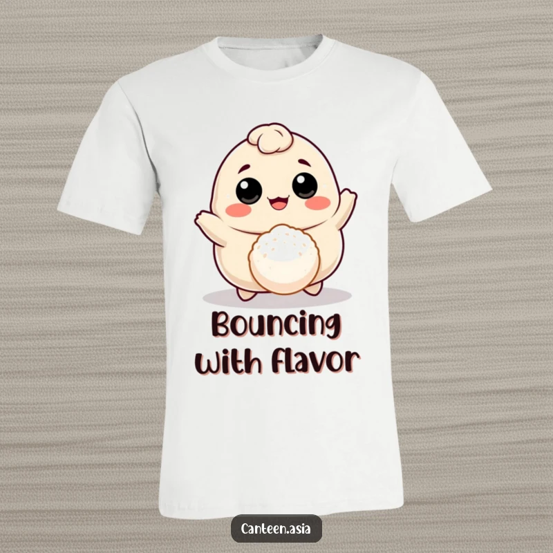 Funny cheerful dumpling with eyes and mouth joyfully bouncing a tiny rice ball, on a fun and humorous t-shirt.