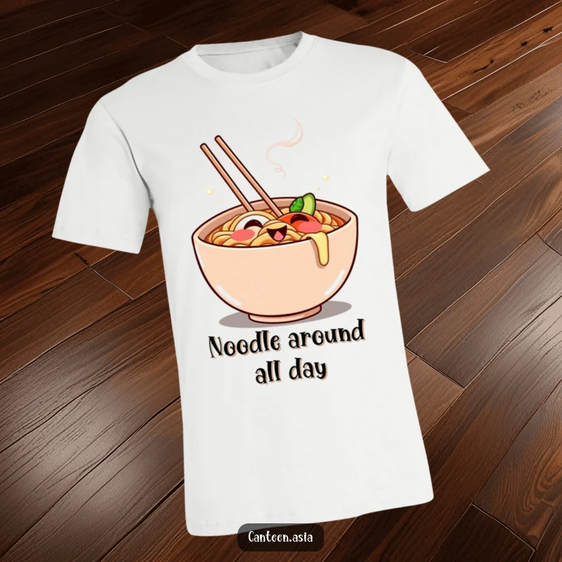 Funny T-Shirt: A happy ramen bowl with a mischievous grin made of steam, radiating culinary fun and joy.